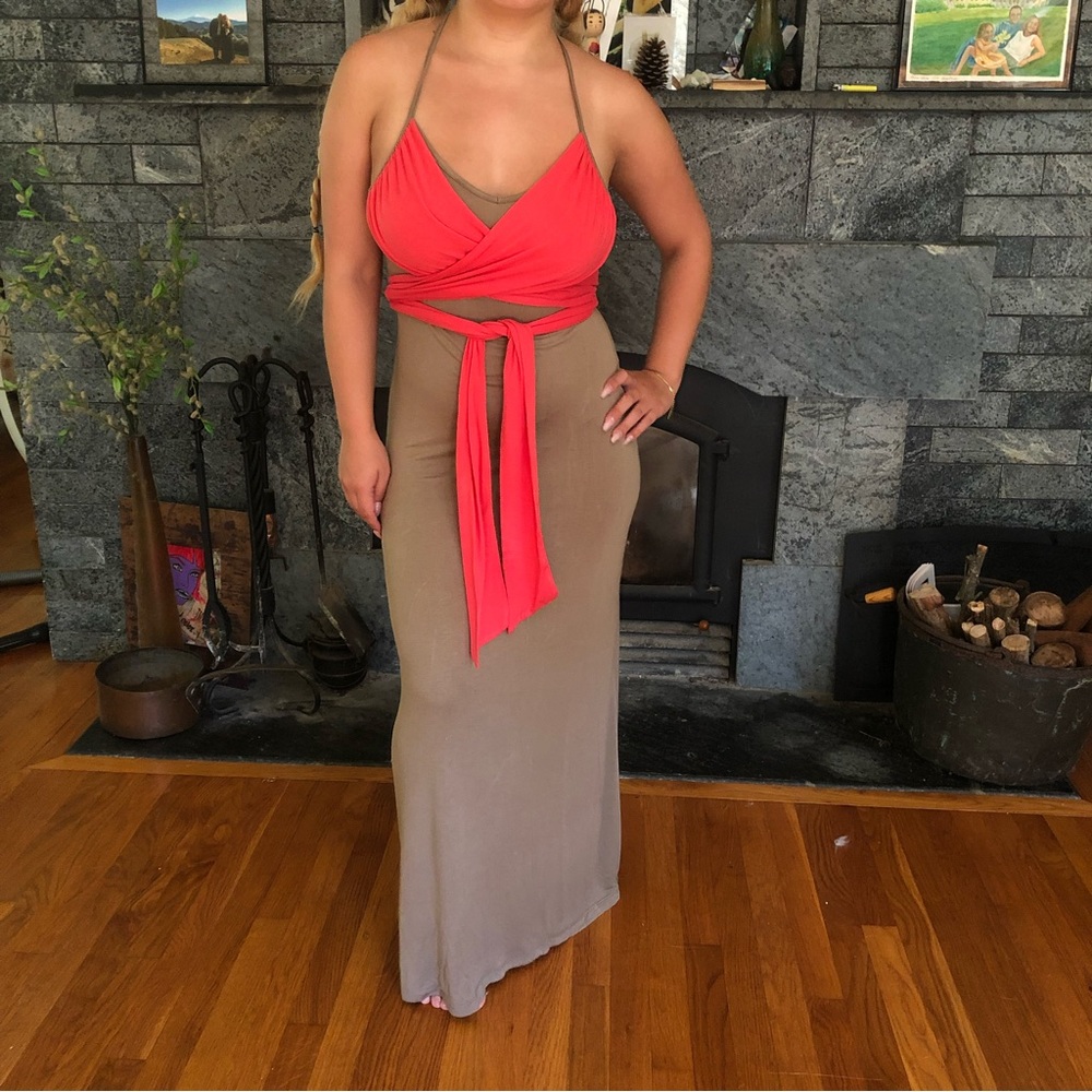 GLAM Coral and Beige Wrap and Tie Maxi Dress
